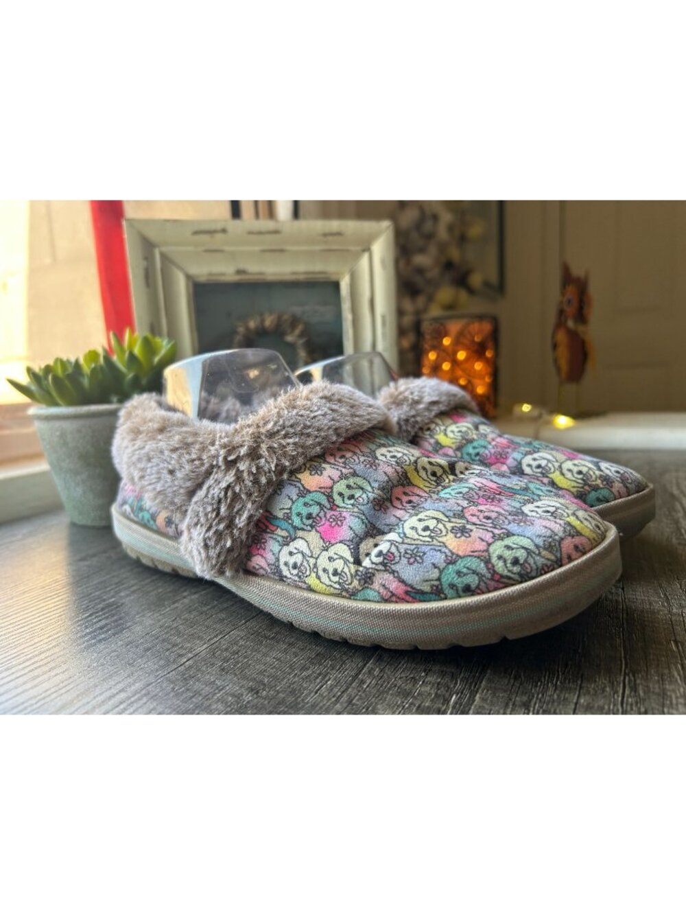 BOBS by Skechers Plush Dog Print Faux‑Fur Lined Slip‑On Shoes Women’s 7.5 Puppy